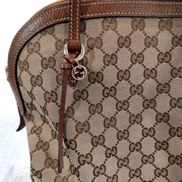 Gucci Bree Dome Tote Bag Brown Leather Cream Canvas Double Straps Zip Closure - Picture 3 of 16